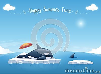 Orca or killer whale sleeping on the iceberg floating in a blue ocean with a message â€œHappy Summer Timeâ€. Vector illustration. Vector Illustration